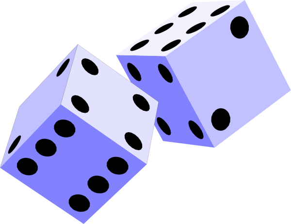 The image shows a collection of six blue dice with white spots on them scattered across what appears to be an unseen surface in no particular order.