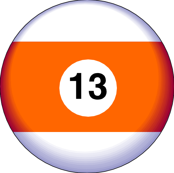 The image shows two pool balls with numbers on them: a red ball labeled "13" and an orange-red striped billiard cue ball in front of it.