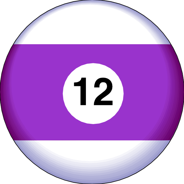 The image shows two pool balls with numbers on them: a purple ball labeled "12" is positioned to the left of another white-striped blue billiard ball that has no number visible in this view, suggesting it's likely part of an eight or nine ball game setup within what appears to be a typical indoor recreational room.