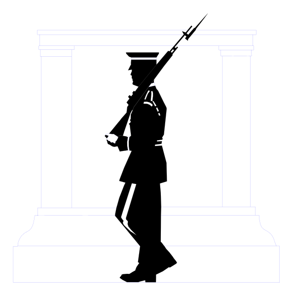 The black and white silhouette of a soldier standing at attention next to an obelisk with columns on either side in front of it.