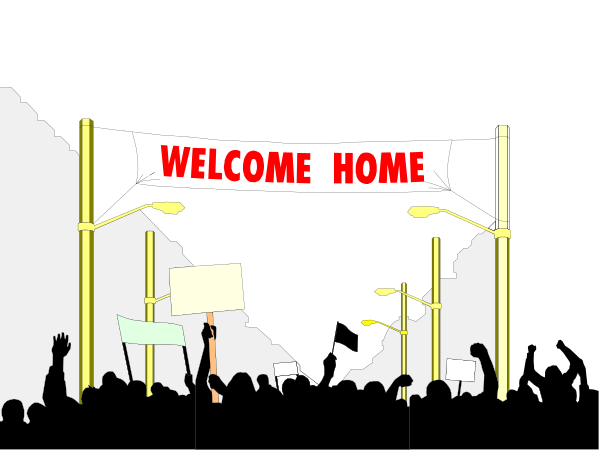 The image shows a black and white illustration of an outdoor scene with protestors holding signs on either side of what appears to be a street sign that reads "Welcome Home." In front of this sign is another smaller banner, also reading "welcome home," but it's partially obscured by the larger one. The background features silhouettes of buildings and trees under an overcast sky with clouds in shades of gray.