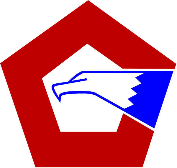The logo of a company with red background featuring an abstract design resembling a shield on top left corner and white arrow pointing downwards in front of it.