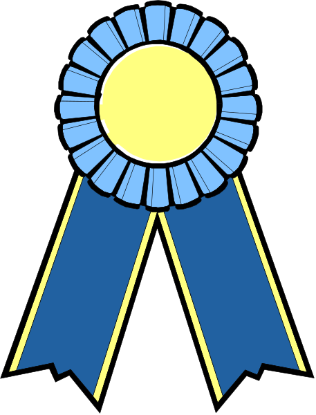 The image shows a blue ribbon with gold trim around it featuring an emblem of a yellow star on top right corner; below this is a red seal-like shape resembling wax seals often used to authenticate documents, and beneath that there's another smaller golden circle containing the word "Ribbons" in white text.