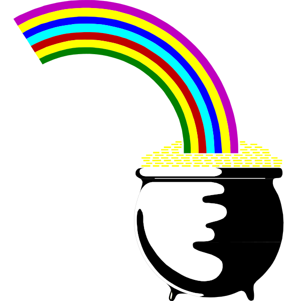 The image shows a cartoon depiction of an overflowing rainbow with gold coins pouring out from it into what appears to be a hand holding up a hat brimming with more golden coins.