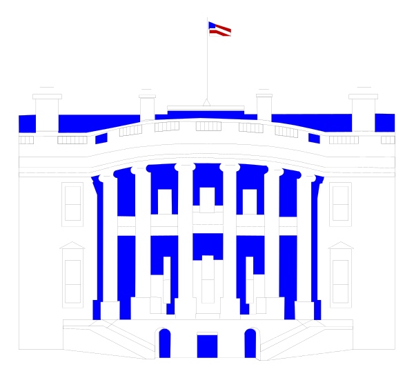 The image shows a pixelated representation of the White House with its iconic columns and flag on top against an American Flag background in black-and-white coloring.