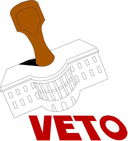 The image shows a black and white illustration of an election ballot box with "Veto" written on it next to a building labeled as "White House."