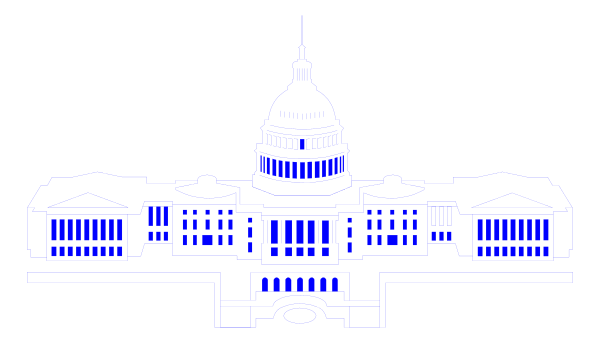 The image shows a stylized representation of an iconic building with columns that resembles the United States Capitol Building in Washington D.C., set against what appears to be night sky background.