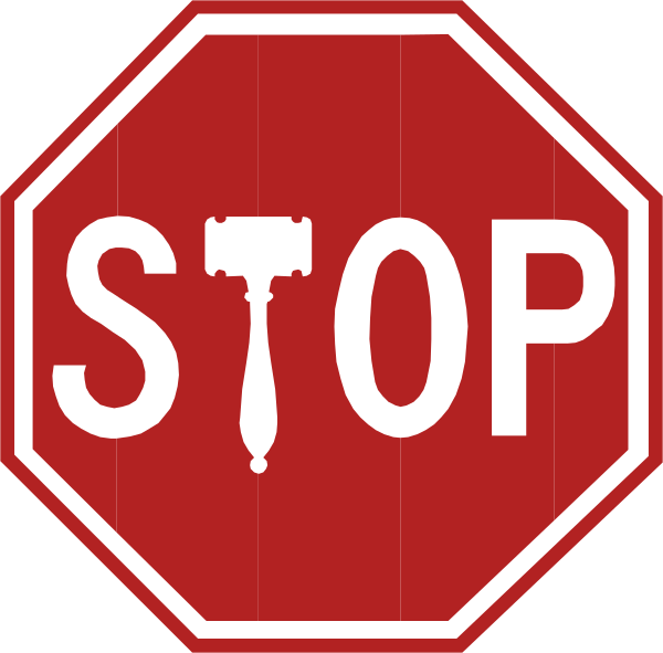 The image shows a stop sign with an additional red tool icon on it next to another identical stop sign without any modifications.