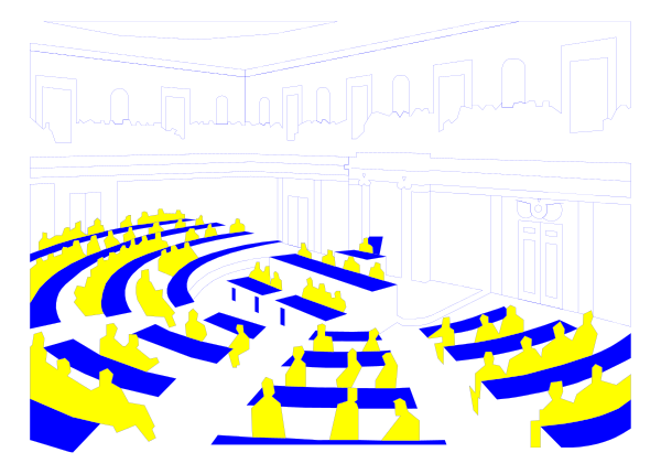 The image shows a black and white photograph of an indoor scene with several individuals seated at desks facing towards what appears to be a speaker's podium in front of them; there is no visible text on this clip-art image, which depicts people engaged in some sort of meeting or assembly.
