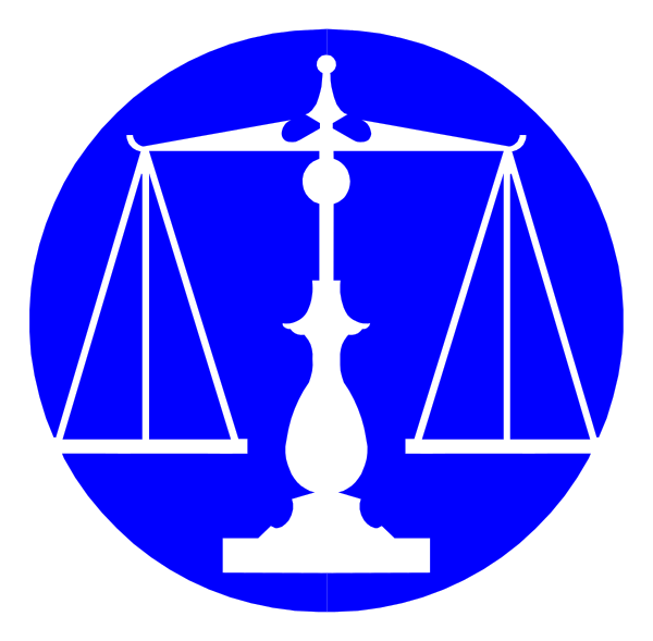 The image displays a blue circle with an illustration of a scale on it inside another larger black square that contains two white squares: one depicting a statue of justice holding scales in her hands atop a pedestal, and below is a symbol for law or legal services.