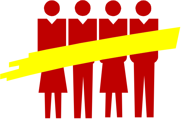 The image shows a group of six stylized figures standing together with their backs to each other; between them is an abstract red banner that appears to be floating in mid-air above two horizontal yellow lines, suggesting some form of barrier or boundary.