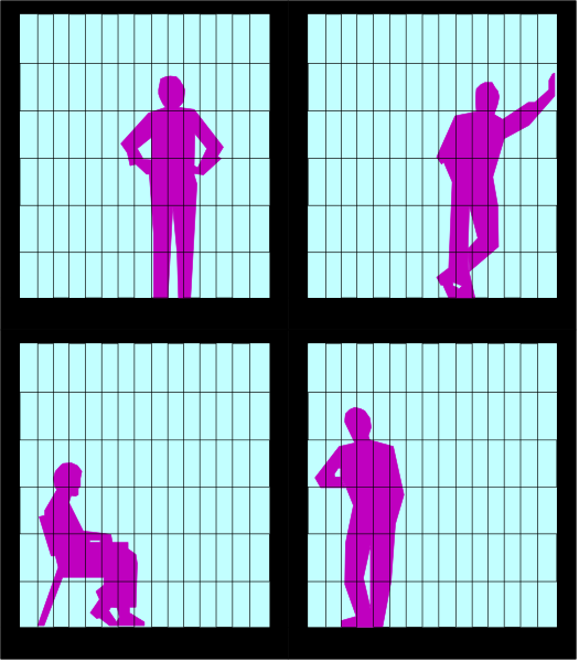 The image shows a black and white silhouette of four panels with different poses: 1) A person standing upright; 2) Two figures sitting down facing each other; 3) One figure pointing upwards while another is seated, both looking in that direction; 4) An individual walking away from the viewer. The background appears to be a simple grid or pattern with no distinct features. There are also four small pink silhouettes of people standing at various points within each panel. No text present on image.