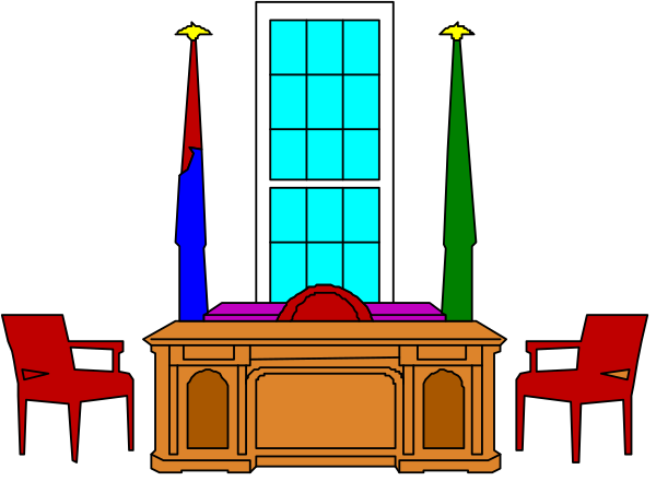 The image depicts a pixelated scene of an indoor courtroom with a judge's bench at center front, flanked by two flags on poles to either side; behind it is a podium from which someone might speak and above that sits a window allowing natural light into room.
