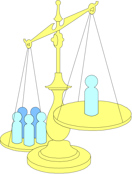 The illustration shows a golden scale with two weights on it; atop each weight is an array of blue figures that resemble human heads in profile view.