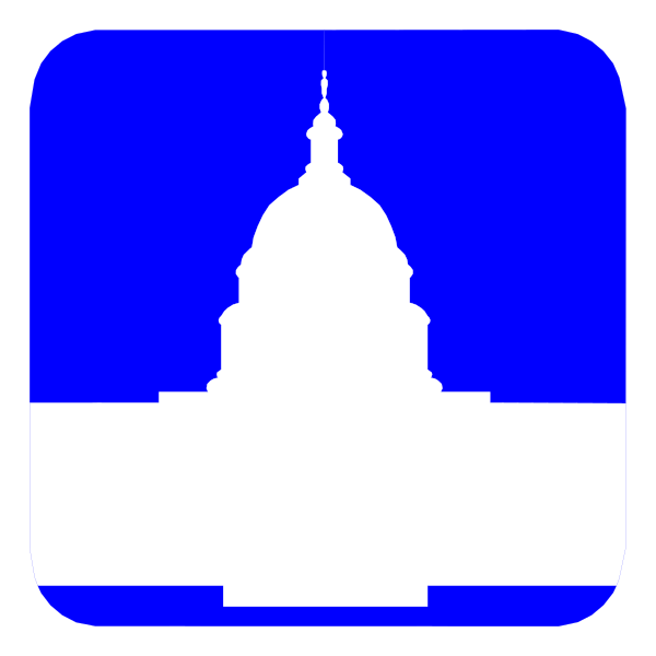 The icon features a stylized representation of an American flag with stars on it to its left side against a blue background at top; in front is a white silhouette of what appears to be the United States Capitol building, and below that, there's another image showing part of a cityscape or skyline.
