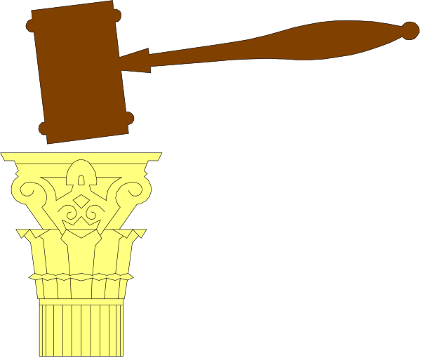 The image shows a black and white illustration of two gavels with gold handles on either side of an ancient-looking column that has scrollwork at its base; above this is a scale symbolizing justice, which includes a balance beam between two weights representing law or equity.