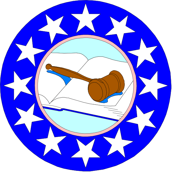 The image shows a blue circular badge with two smaller images inside it: on top is an illustration of a gavel over an open book; below that is another depiction featuring stars in one corner and what appears to be a shield emblem, possibly representing law or justice themes.