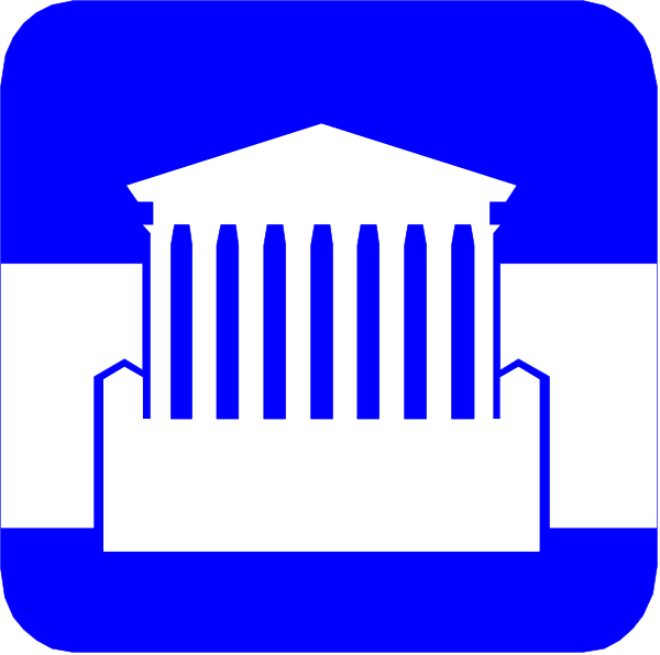 The image shows a blue icon with white text that reads "COURT" at top left corner of an illustration depicting a building resembling a courthouse in front of which is a large, open book symbolizing knowledge and law.