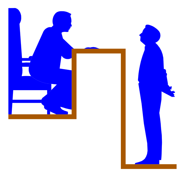 The image shows a black and white cartoon of an elevator scene with two figures: on top is a man standing at attention in front of another figure who appears to be seated behind him; both characters seem to have formal attire, suggesting professional roles such as security or service personnel for the one standing.