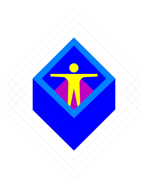 The image shows a stylized graphic with geometric shapes forming an abstract design that includes what appears to be a person standing in front of two squares within another square frame.