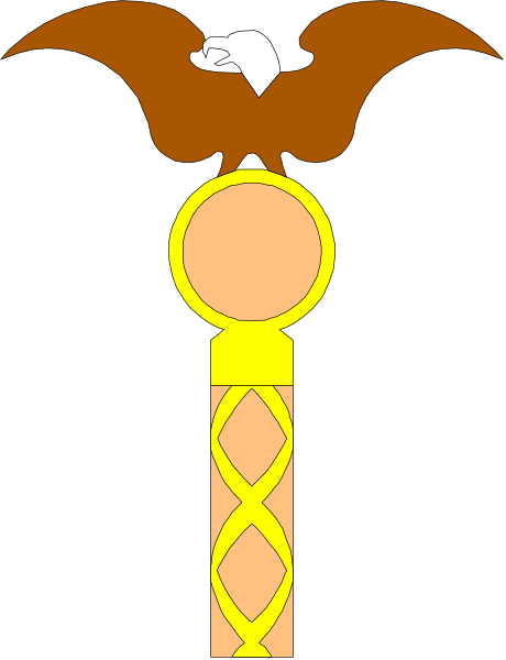 The image shows a stylized emblem with an eagle's head atop what appears to be a shield-like design featuring two crossed swords; below this is another element that resembles a key, and there seems to be some sort of crest or coat of arms motif.