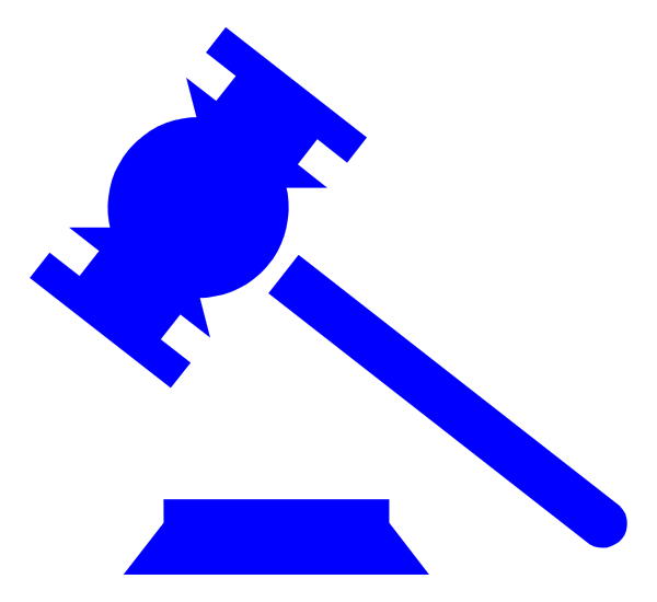 The image shows a blue stylized illustration of an object that resembles a gavel with a scale on top next to what appears to be a small podium-like structure.