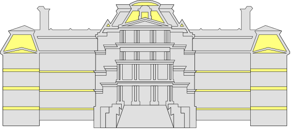 The image shows a black and white line drawing of an elaborate castle with multiple towers and turrets connected by walls, set against a plain background without any additional context provided in this small clip-art format.
