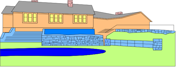 The image shows a pixelated representation of an outdoor scene with buildings that resemble houses on either side of what appears to be a small body of water in front of them; there is no text present within this clip-art depiction, and it does not provide any information about objects or actions taking place.