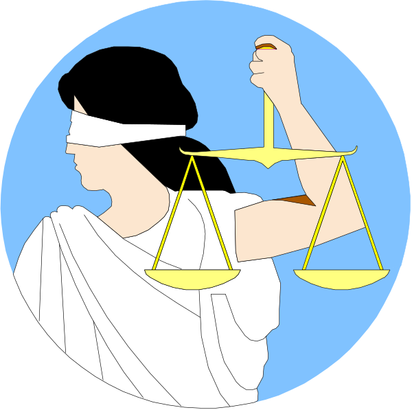 The image shows a stylized representation of Lady Justice holding scales with her left hand while pointing to them with her right arm raised above her head in an authoritative manner; she is depicted against two circular backgrounds, each containing different symbols: one has gears and another features a scale symbolizing justice.