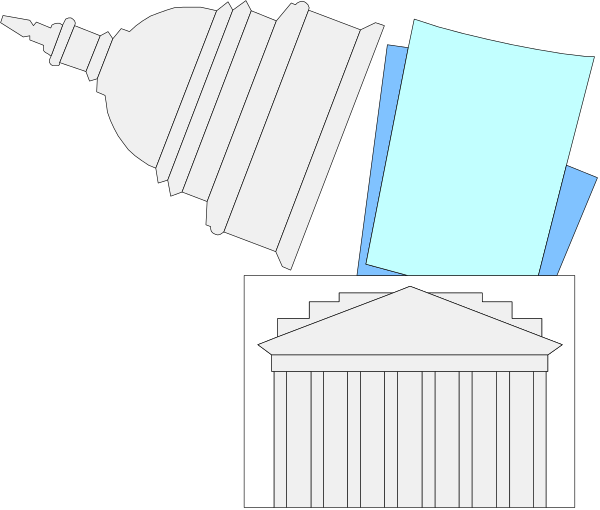 The image shows a political cartoon with various symbols representing democracy: an election ballot box on top of which is placed a beehive symbolizing industry; to its right stands a building labeled "Congress," and below it, there's another structure resembling a polling station.