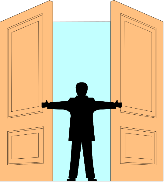 The image shows a person standing with their arms outstretched at an open doorway of what appears to be a building entranceway.