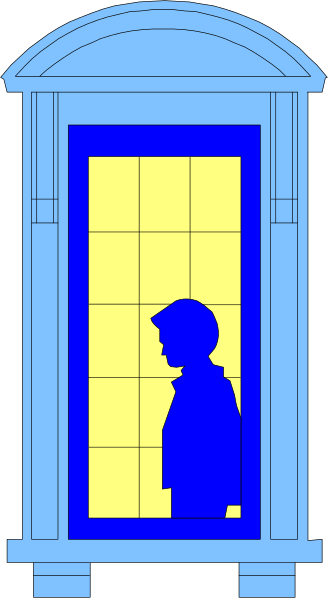 The image shows a blue silhouette of an adult standing inside a yellow door frame with their back to us against a dark background; there is no text present in this clip-art illustration.