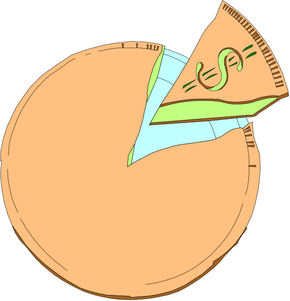 The images show a pizza with slices missing from it overlaid on two different backgrounds: 1) A pie chart representing money spent in one year; 2) An image of an actual slice being taken out, symbolizing spending that has already occurred or is about to occur. There are no texts present within the images themselves. The style appears cartoonish and simplistic with a focus on illustrating concepts rather than realistic depictions.