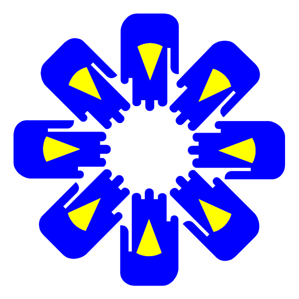 The image shows a blue flower with six petals each containing an icon of two hands forming a heart shape at its center.