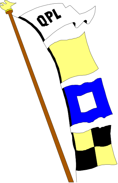 The flag of QPL on a pole with two flags hanging from it against a dark background.