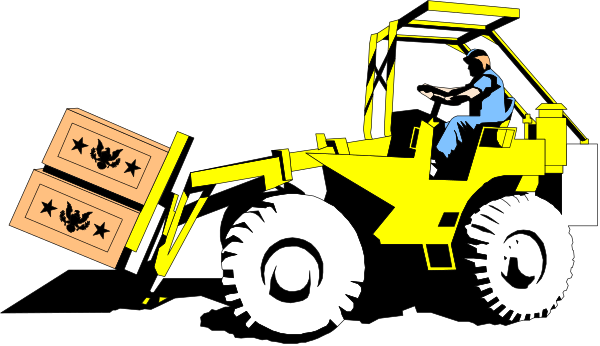The black and white cartoon shows a construction worker driving an excavator with its bucket attached to it on top of some boxes in what appears to be nighttime.