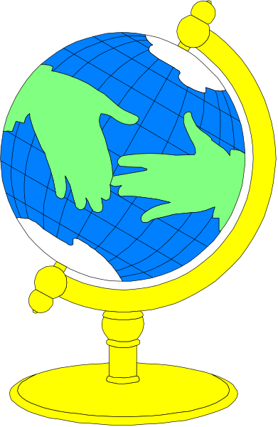 The image shows a stylized globe on top of an antique compass with two hands reaching towards it from opposite sides; there is no text present in this clip-art illustration.