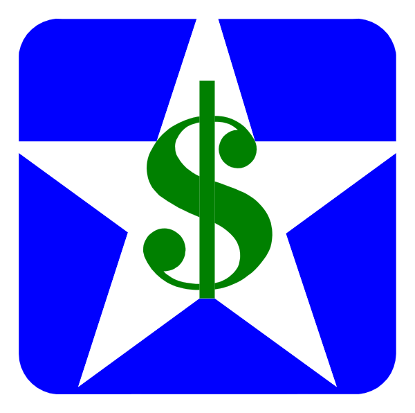 The image shows a blue square with white border containing an icon of a star on top left corner followed by dollar sign symbolizing money in center right side against dark background.