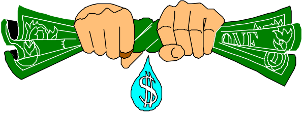 The image shows a cartoon depiction of two hands tied together with green ribbon at their wrists; between them is an illustration that resembles money bags being held by one hand while another appears to be pouring water from it, suggesting wealth and prosperity themes.