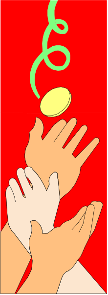 The image shows a hand reaching out to grab an object that appears to be floating above it against a red background with two hands in silhouette on either side of this central action.