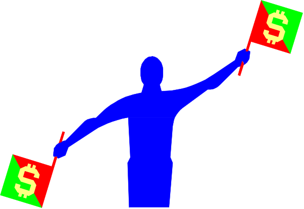 The image shows a person holding two flags with different symbols on them against a dark background; there is no text present.