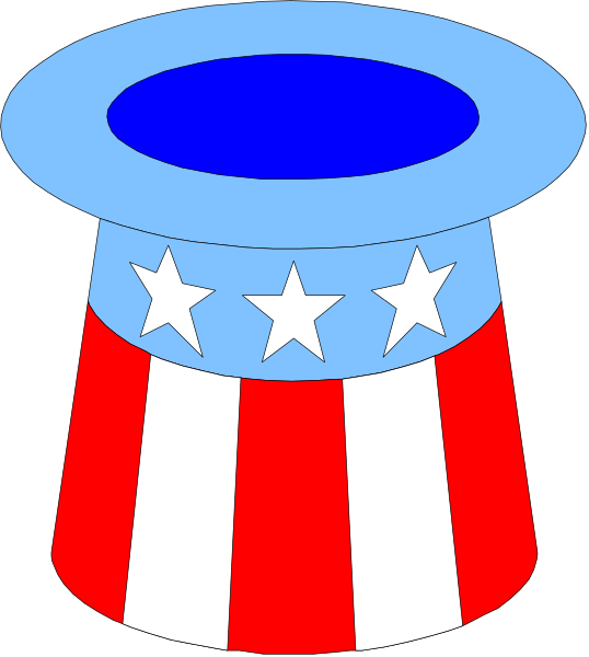 The image shows a blue top hat with an American flag design on its side inside of which is placed what appears to be a small canister-like object that has red stripes resembling those found in the United States' national symbol, and it also features white stars similar to those seen within the same country.
