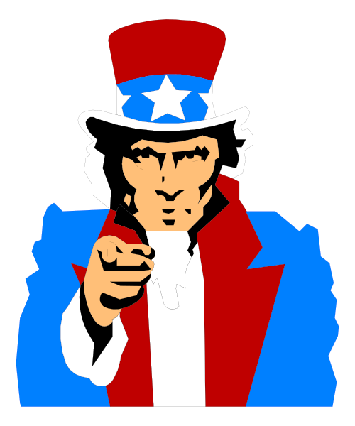 The image shows a cartoon of Uncle Sam pointing his finger with an American flag background.