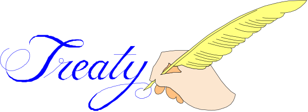 The image shows a pen with ink on it next to text that reads "Treaty."