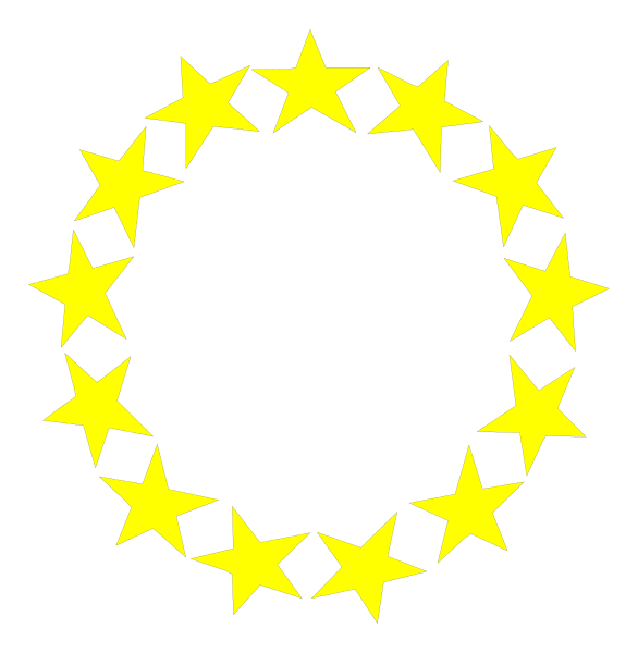 The image shows a black background with two distinct graphics: on top left corner is an illustration of stars forming a circle; below it to its right side is another graphic that resembles a European Union flag, which consists of 12 yellow five-pointed stars arranged in circles against the blue field. There are no texts or other objects present within this image. The style appears simple and cartoonish with solid colors for both graphics. No actions can be discerned from these static images; they depict a symbolic representation rather than an actual scene of people, animals, or