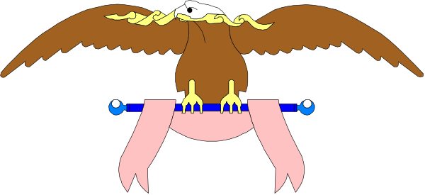 The image shows a cartoon eagle with wings spread wide against a dark background; it has blue eyes on its headpiece and is wearing what appears to be armor around one wing.