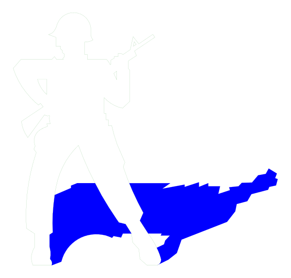 The image shows a silhouette of an individual holding a rifle standing on what appears to be land with water nearby; there is no text present in this clip-art illustration.