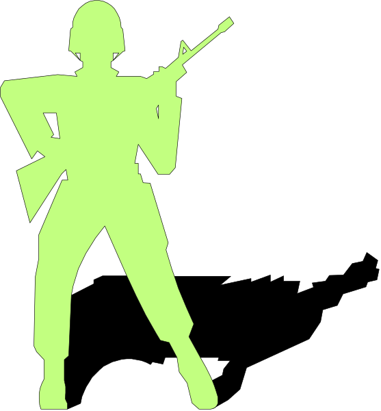 The image shows a silhouette of an animated soldier holding a rifle standing next to another figure that appears to be pointing at something with their right hand while wearing what looks like military gear; both figures have stylized outlines and no internal details, suggesting this is likely from a video game or similar media.