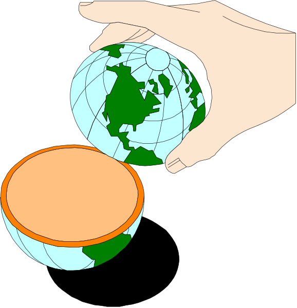 The images show a hand holding two globes: on top of each other is an orange globe with no landmass visible; below it is another blue-green globe showing continents but without any oceans, and both hands appear to be manipulating these spherical objects in different ways.