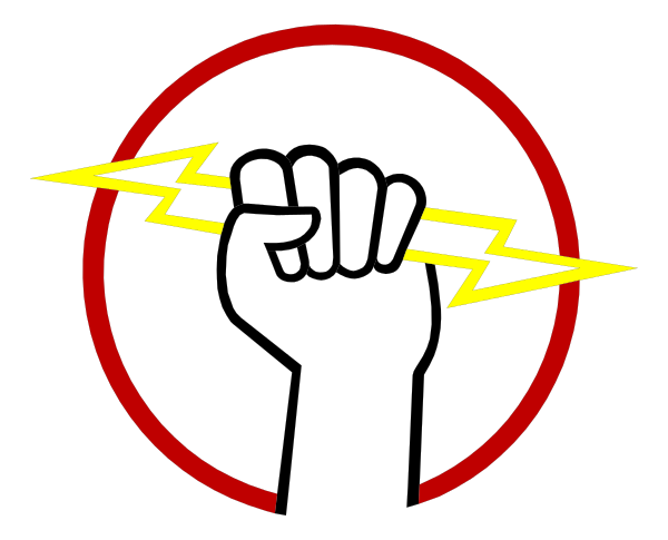 The image shows a black circle with two yellow lightning bolts on either side of it against an orange background inside another larger red circle that has three white lines radiating outward from its center to form what appears like eyes, giving the impression of looking through binoculars or observing something intently.